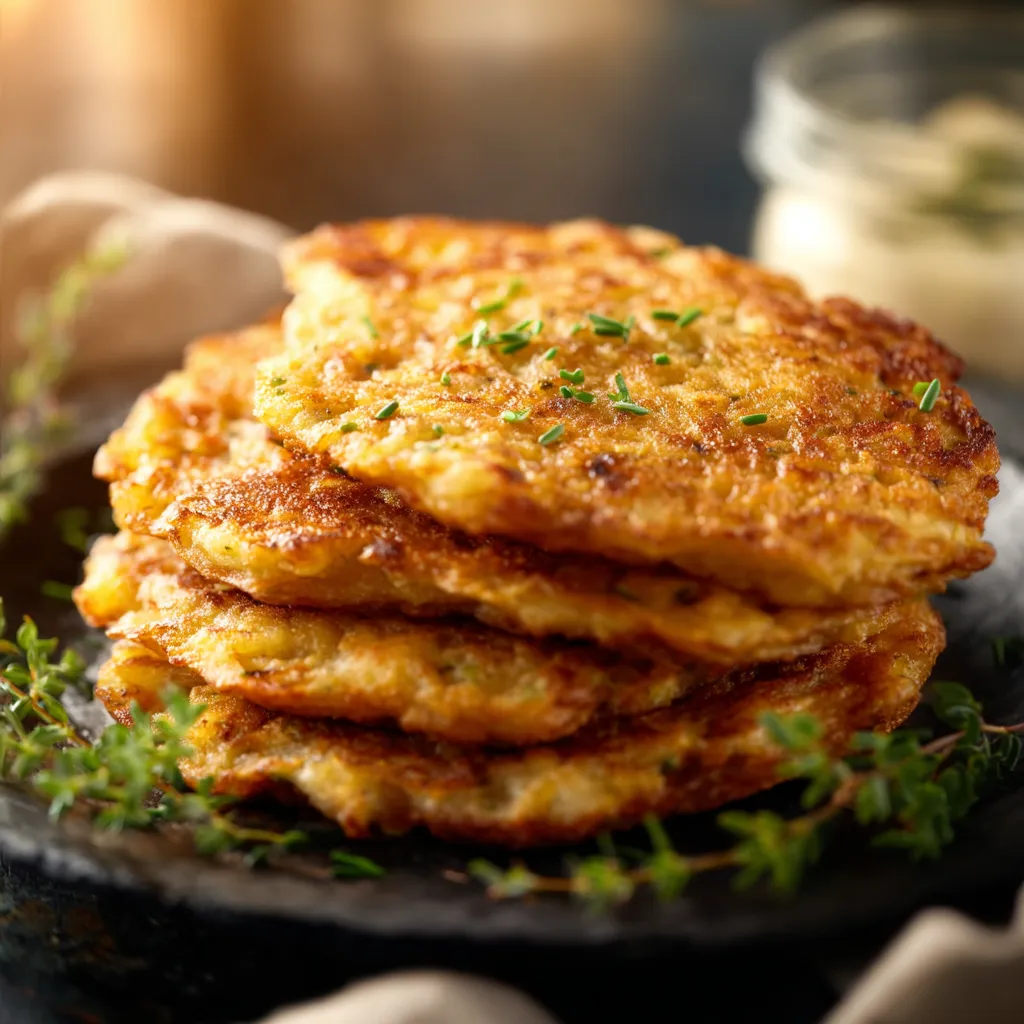 Golden-brown Crispy Irish Potato Pancakes Boxty on a white plate.