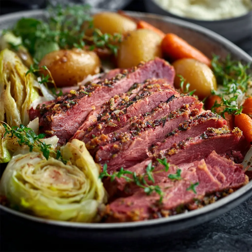 Crispy oven roasted corned beef and cabbage with carrots and potatoes on a baking sheet.