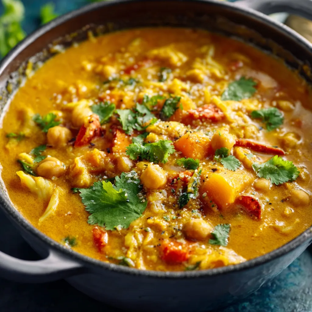 Aromatic chickpea vegetable curry in a bowl with spinach, tomatoes, and spices.