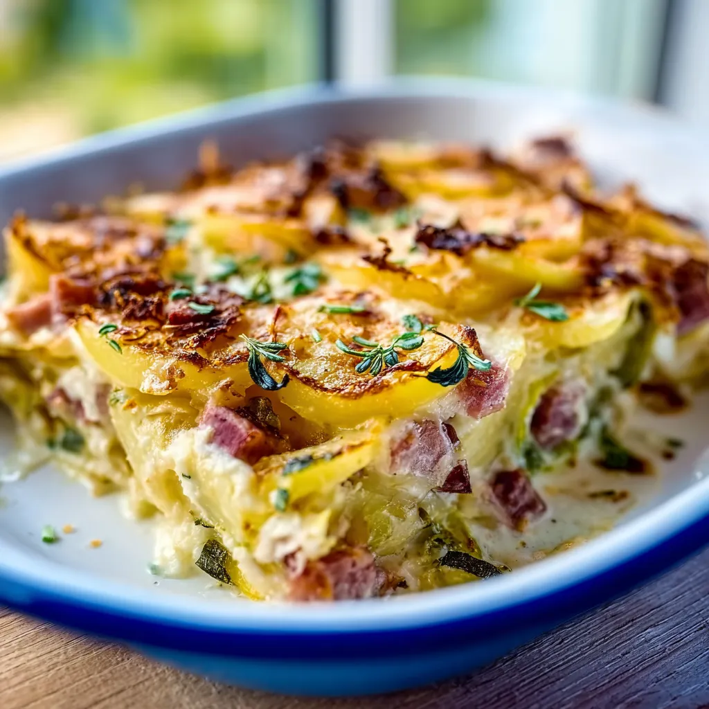 Golden brown corned beef casserole with melted cheese and breadcrumb topping.