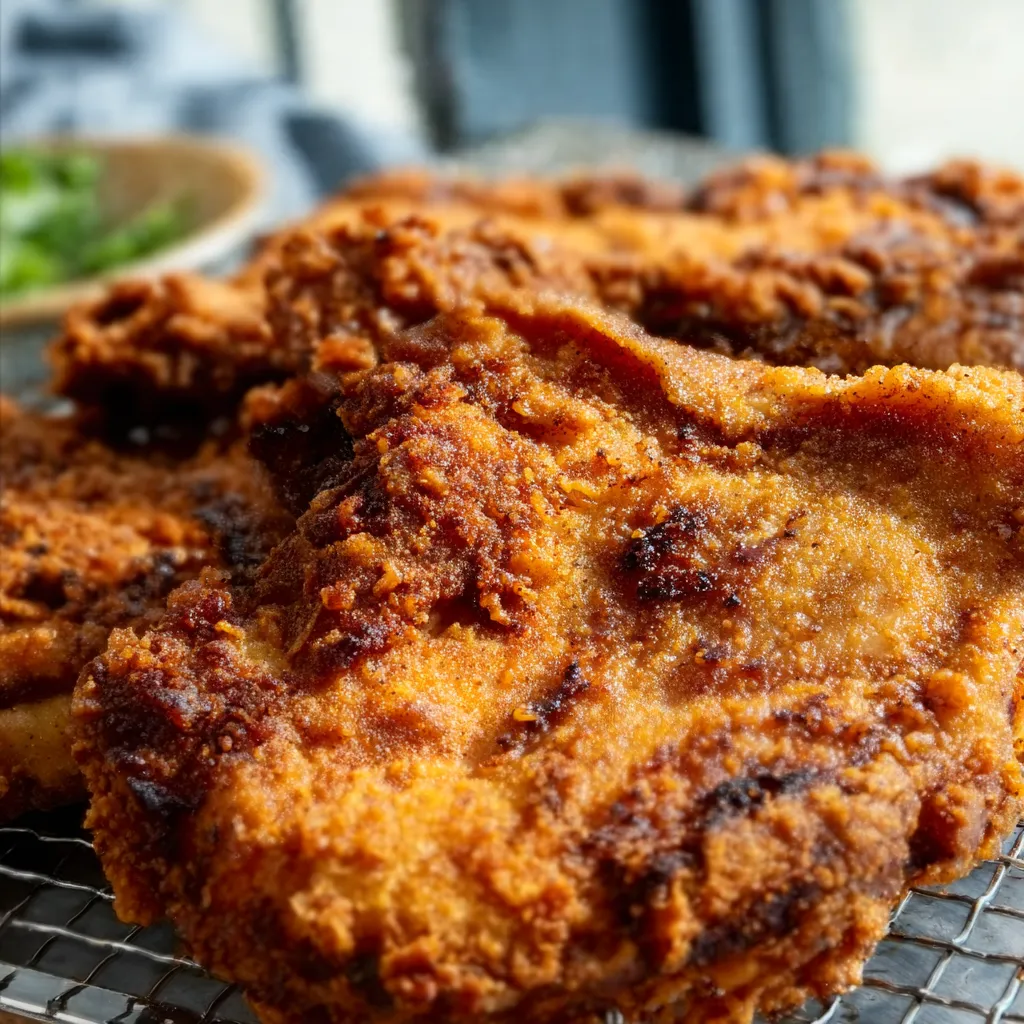 Golden brown Crispy Southern Fried Pork Chops on a wire rack.