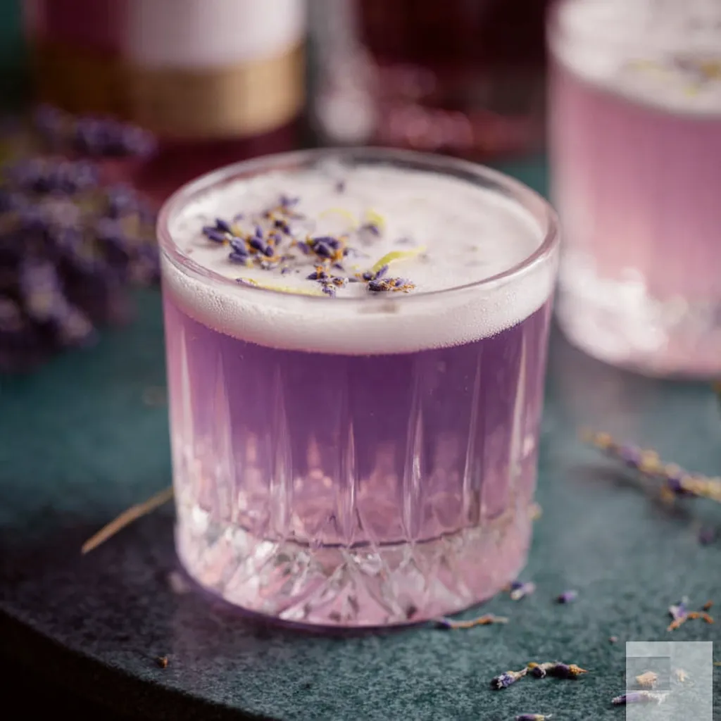 Floral Lavender Gin Fizz cocktail with purple hue and fresh lavender sprig garnish.