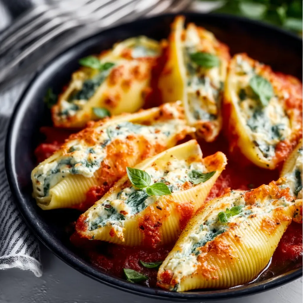 Baked Vegetarian Stuffed Shells with ricotta and spinach in marinara sauce.