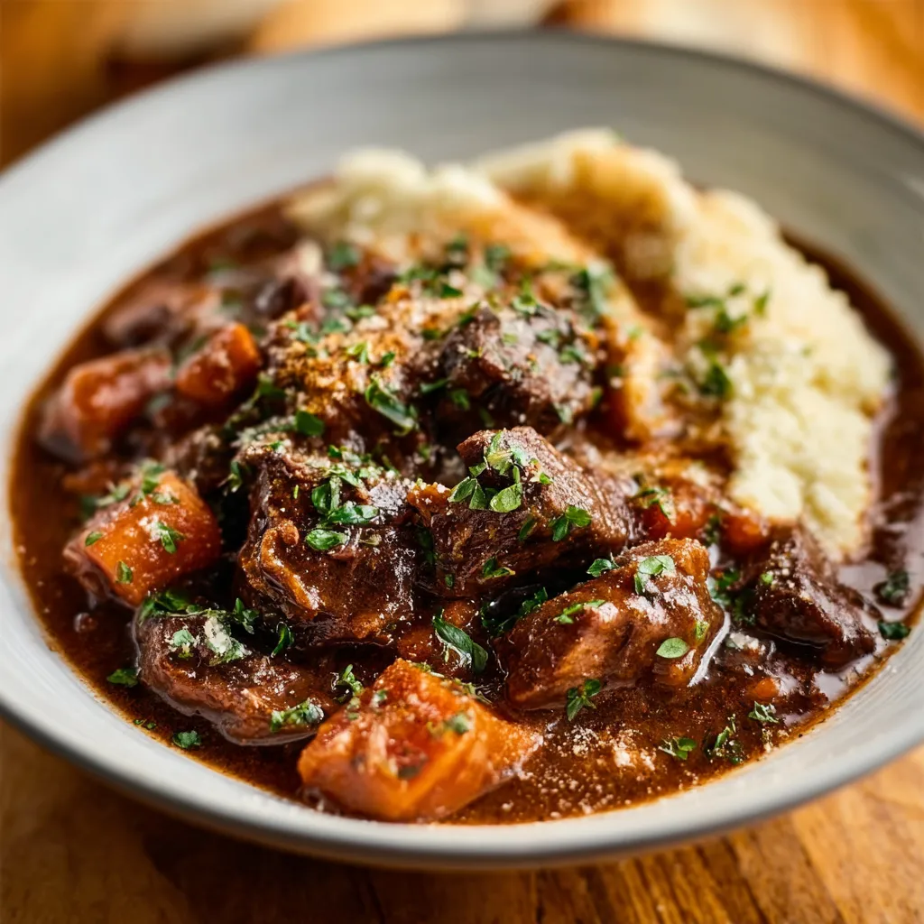 Guinness Beef Stew Simmering In Pot Hearty Guinness beef stew with tender meat, carrots, and potatoes in a rich, dark gravy.