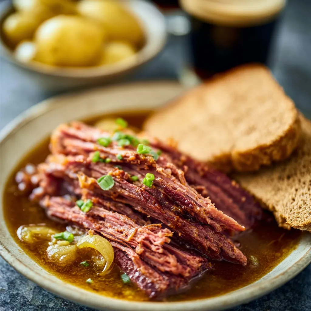 Guinness Braised Corned Beef with carrots, potatoes, and cabbage in a Dutch oven.