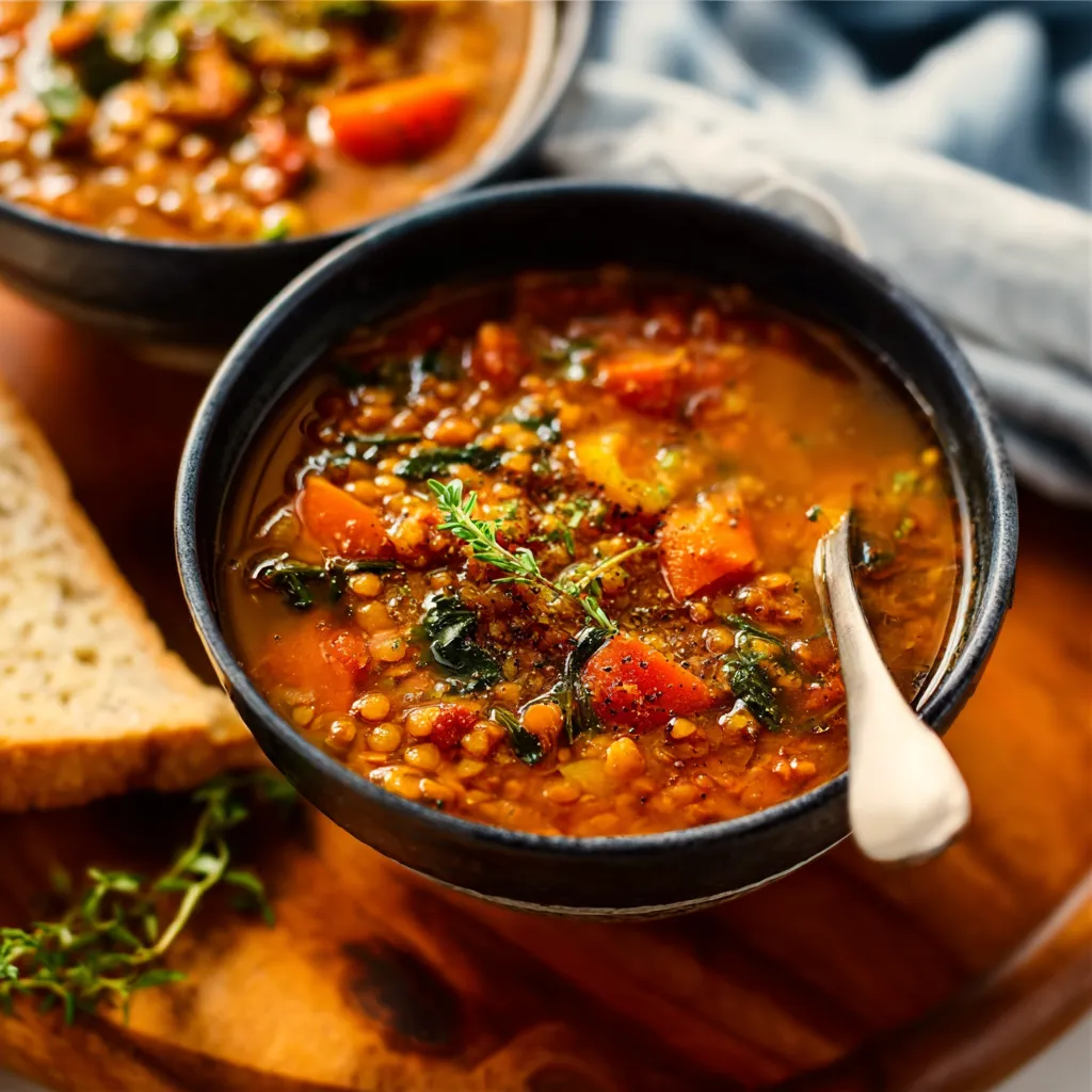 A bowl of hearty lentil soup with carrots, celery, and herbs, steaming on a wooden table.