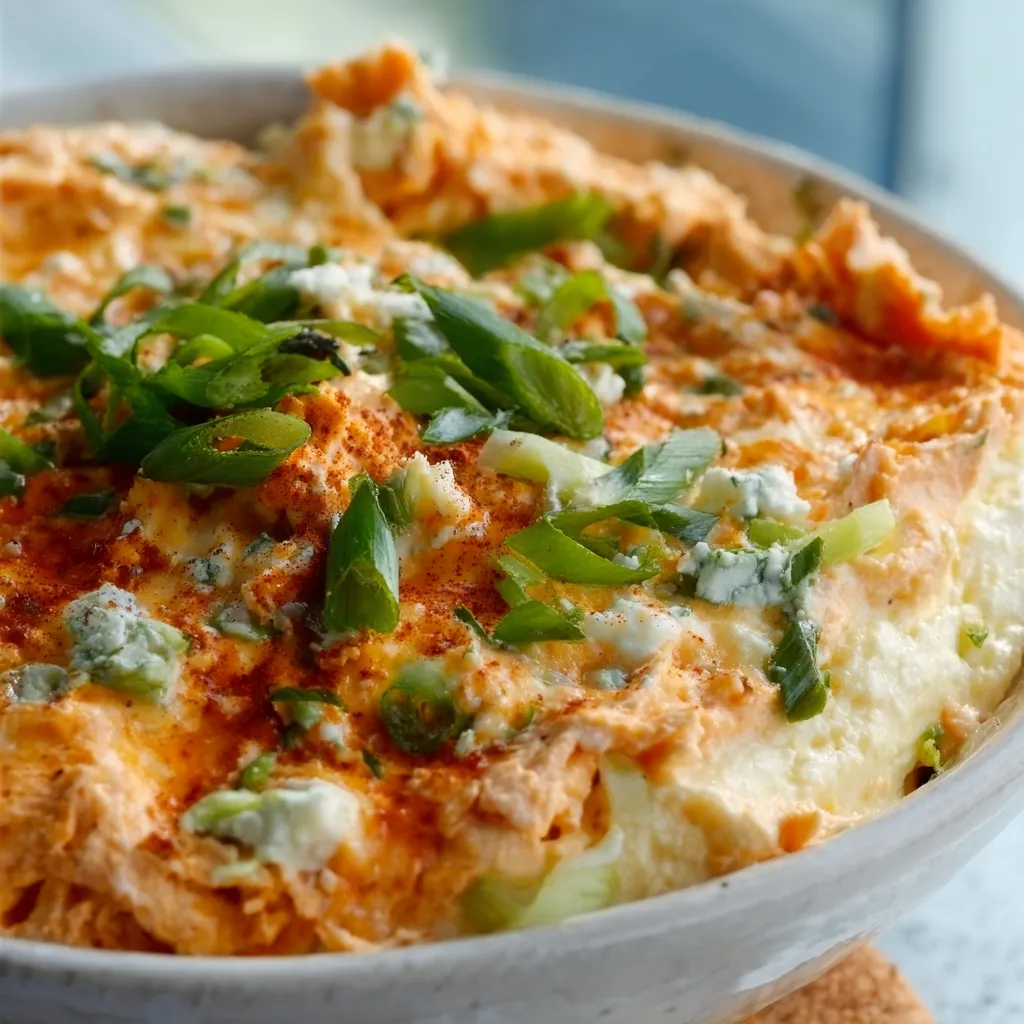 Creamy cottage cheese buffalo chicken dip topped with green onions in a white bowl.