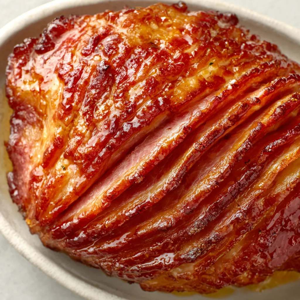 Golden brown honey glazed ham with a sticky crust and cloves.