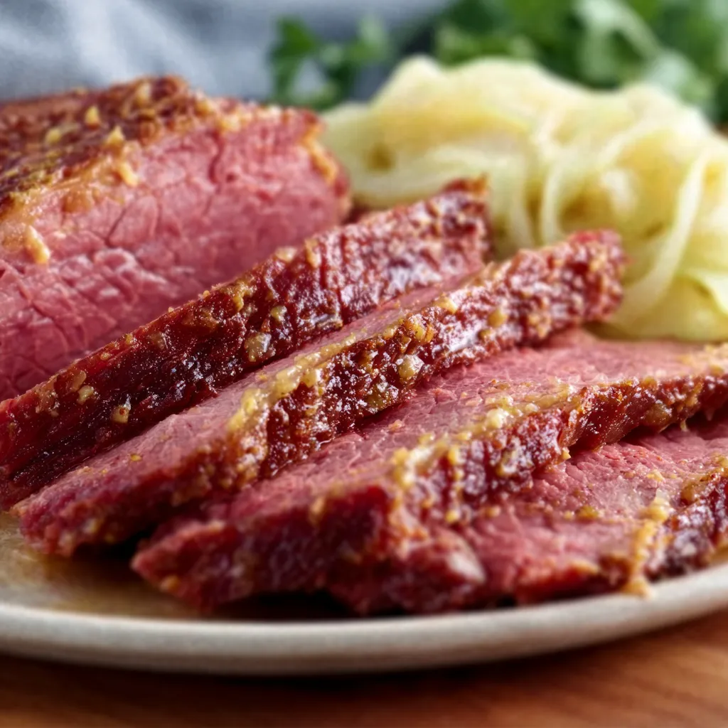 Sliced honey mustard glazed corned beef with herbs on a wooden board.