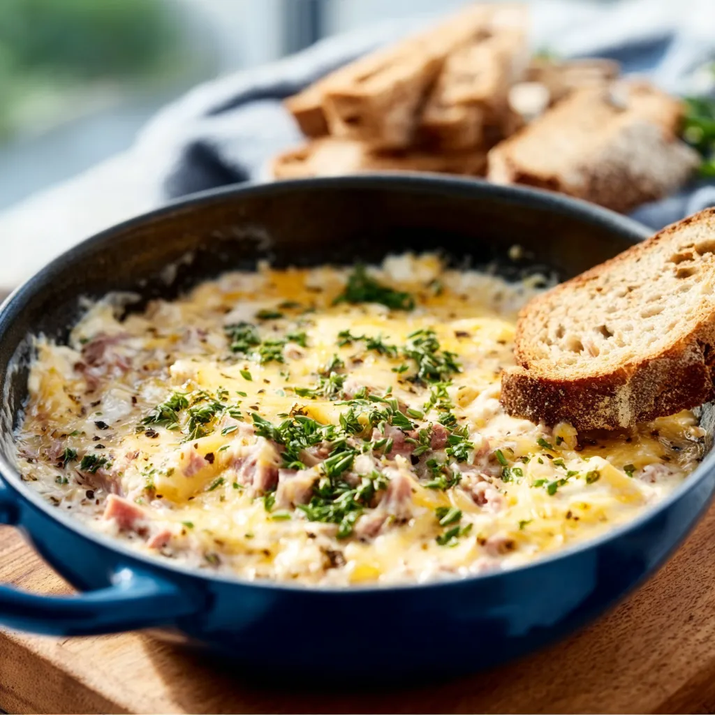 Creamy Hot Reuben Dip with corned beef, sauerkraut, Swiss cheese, and rye bread croutons.