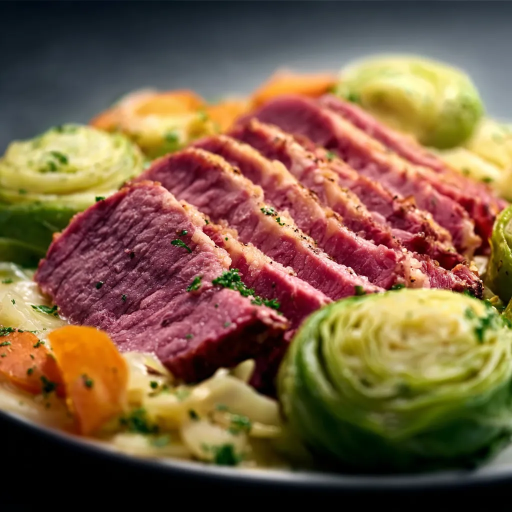 Sliced Instant Pot Corned Beef and Cabbage with carrots and potatoes on a plate.