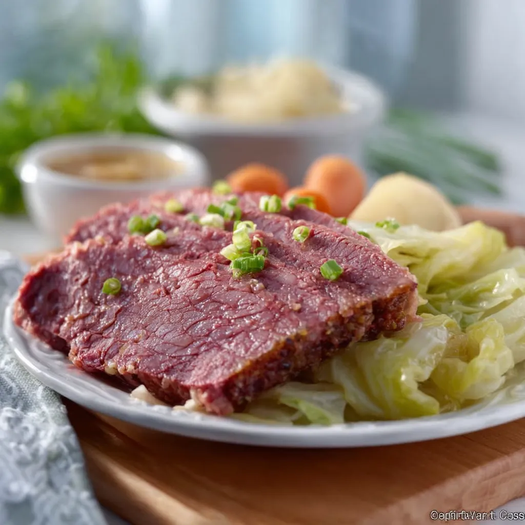 A close-up of tender Keto Corned Beef and Cabbage on a white plate.