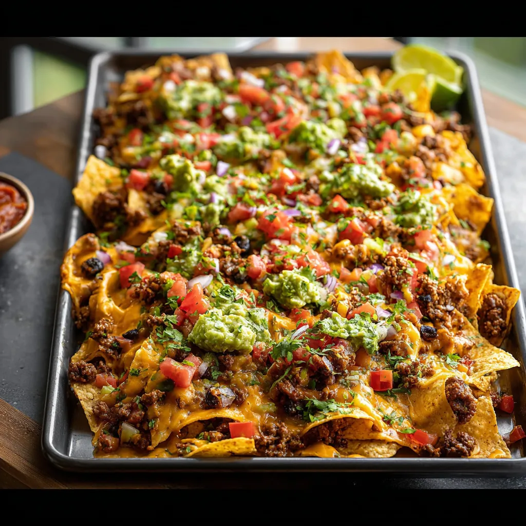Loaded sheet pan nachos with ground beef, melted cheese, jalapeños, and fresh toppings.