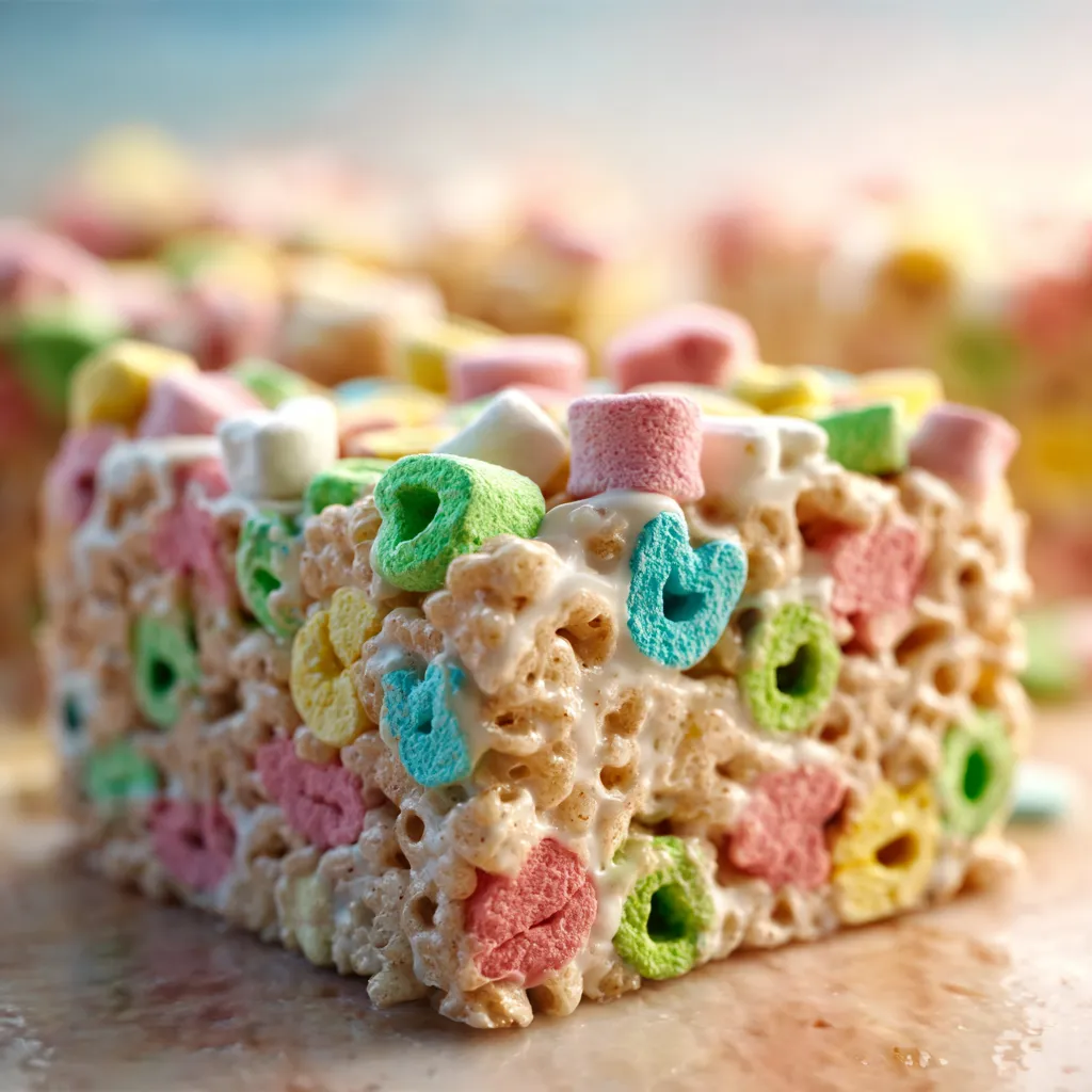 Colorful Lucky Charms Rice Krispie Treats on a plate with extra marshmallows.