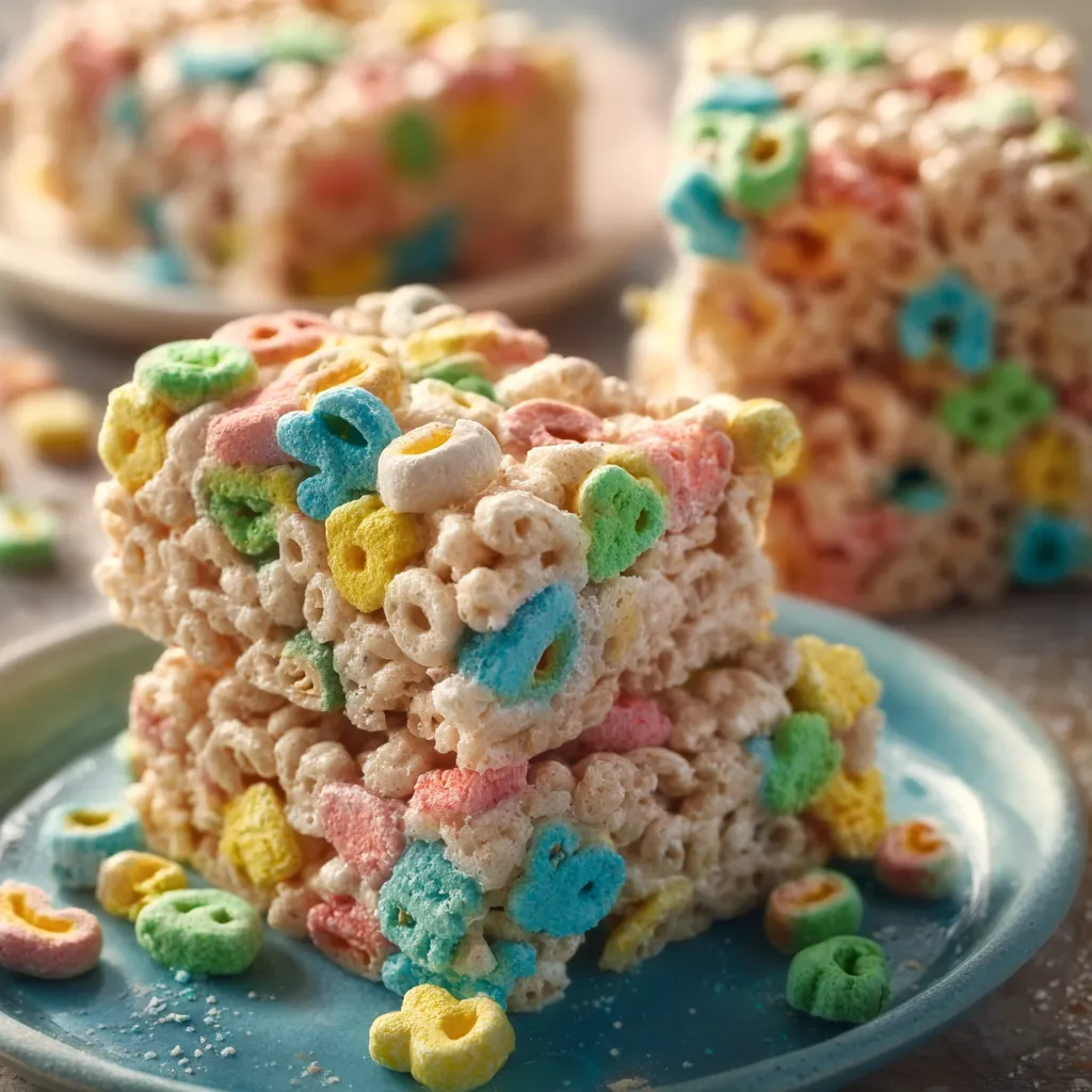 Colorful Lucky Charms Treats with marshmallows on a white plate.
