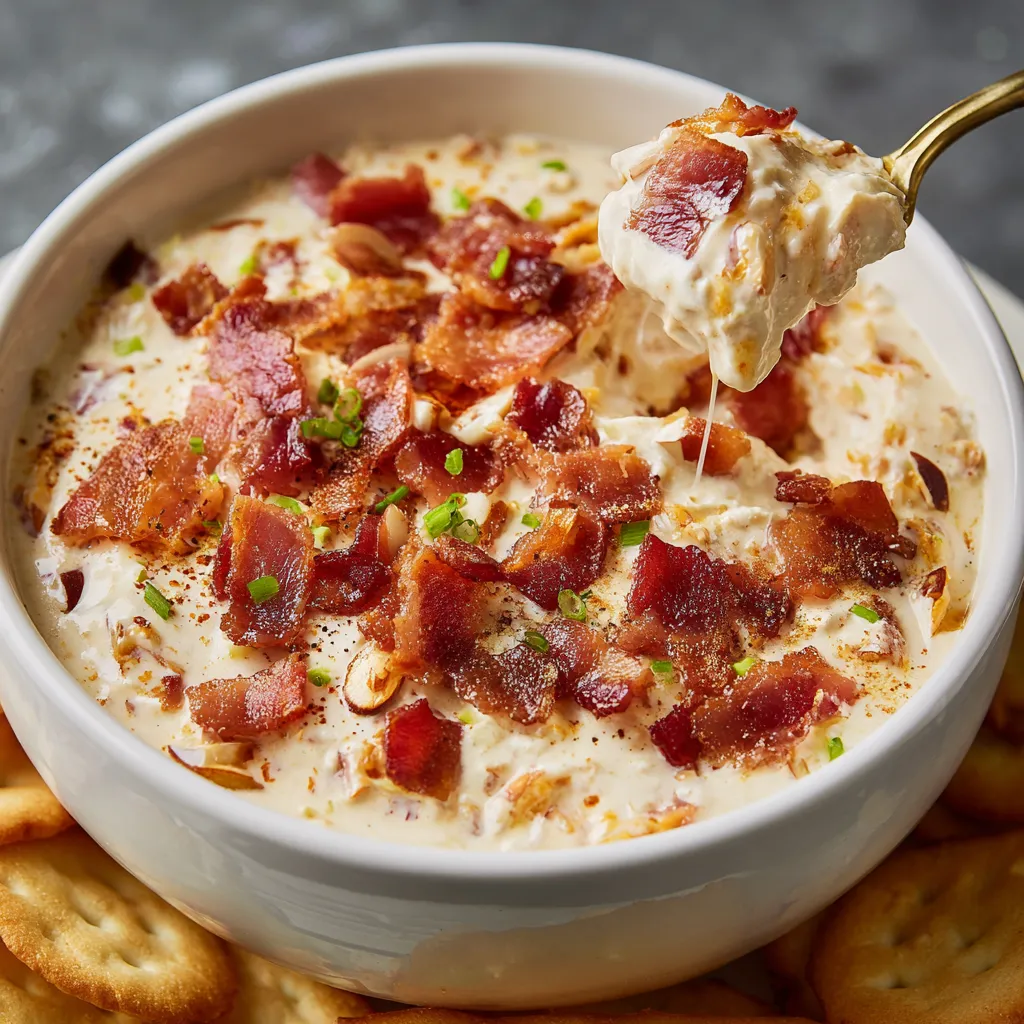 Creamy Million Dollar Dip with bacon and green onions in a serving bowl.