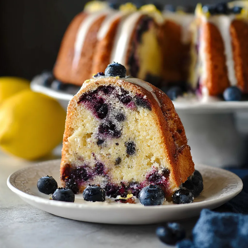Moist Lemon Blueberry Bundt Cake with glaze and fresh berries on a plate.