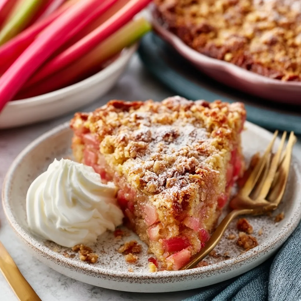 Old-Fashioned Rhubarb Cake with a golden crumb topping on a rustic table.