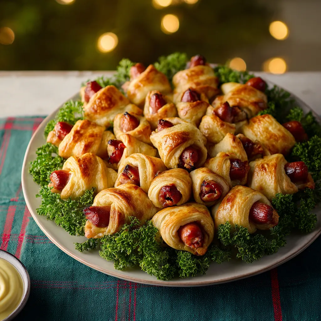Golden-brown Pigs In A Blanket Wreath on a white platter.