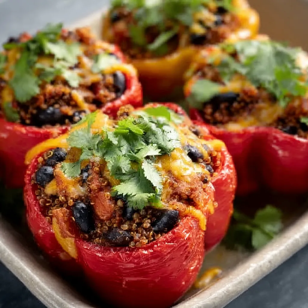 Quinoa and black bean stuffed peppers baking in a ceramic dish.