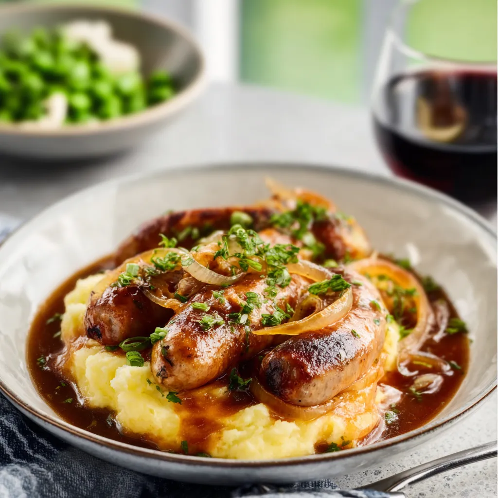 Savory bangers and mash with onion gravy served on a rustic plate.