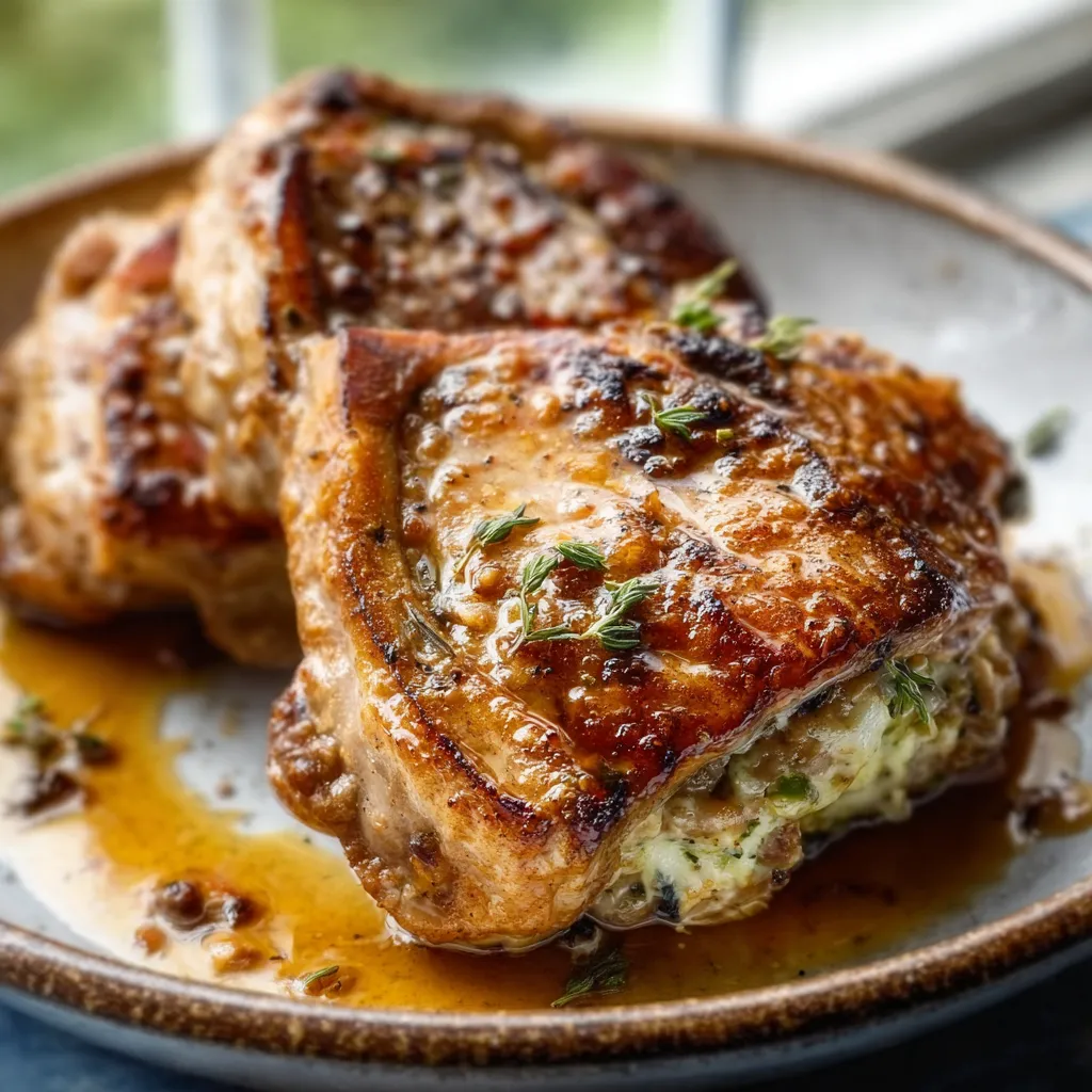 Golden brown savory stuffed pork chops with herb filling on a white plate.