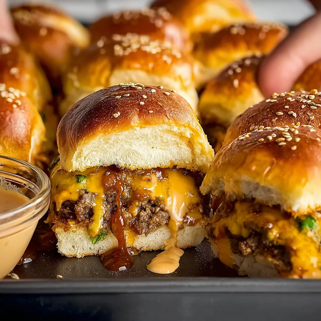 Golden brown sheet pan cheeseburger sliders with melted cheese and sesame seed buns.