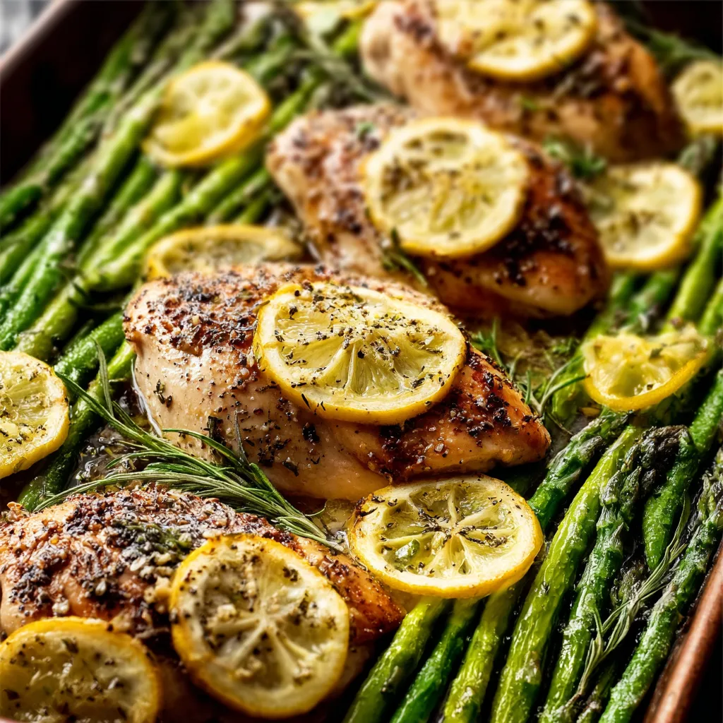 Golden brown sheet pan lemon herb chicken and roasted asparagus
