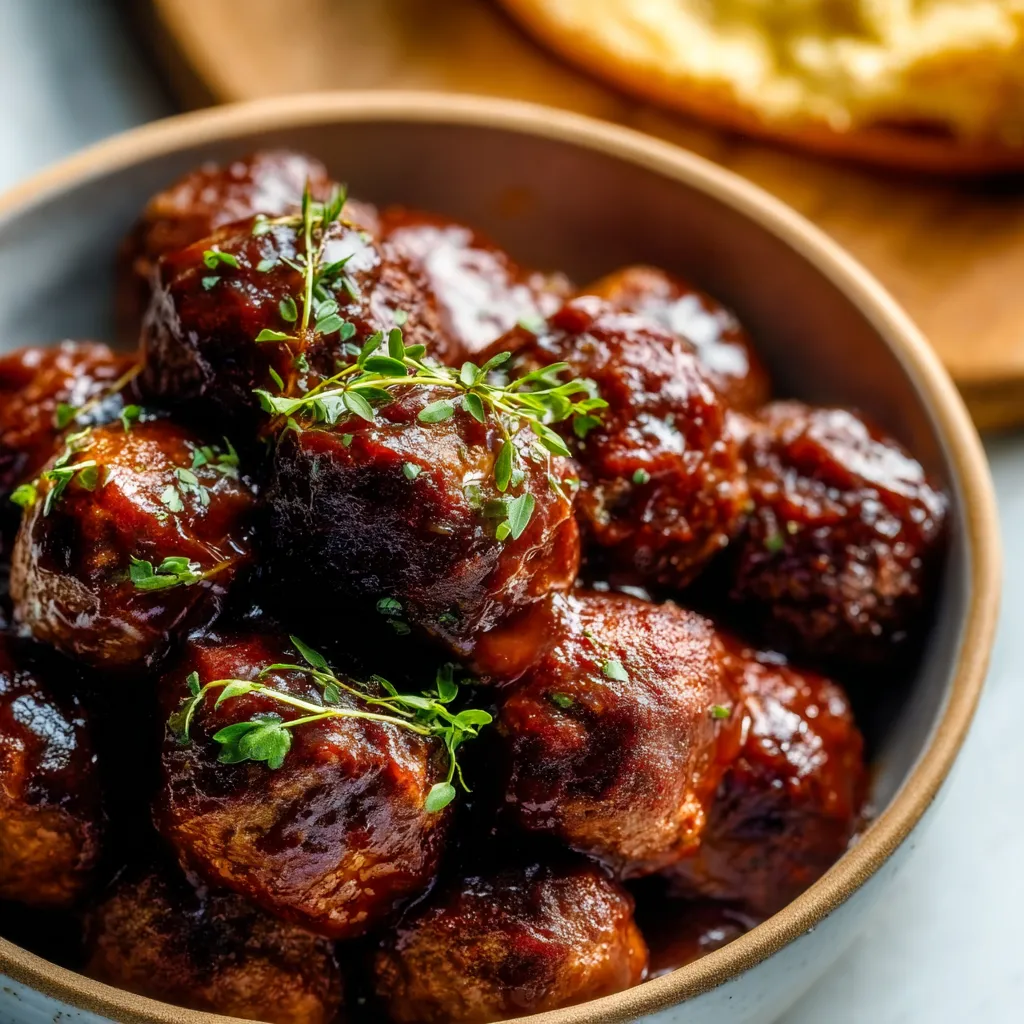 Slow Cooker BBQ Meatballs glazed in sauce, ready to serve.