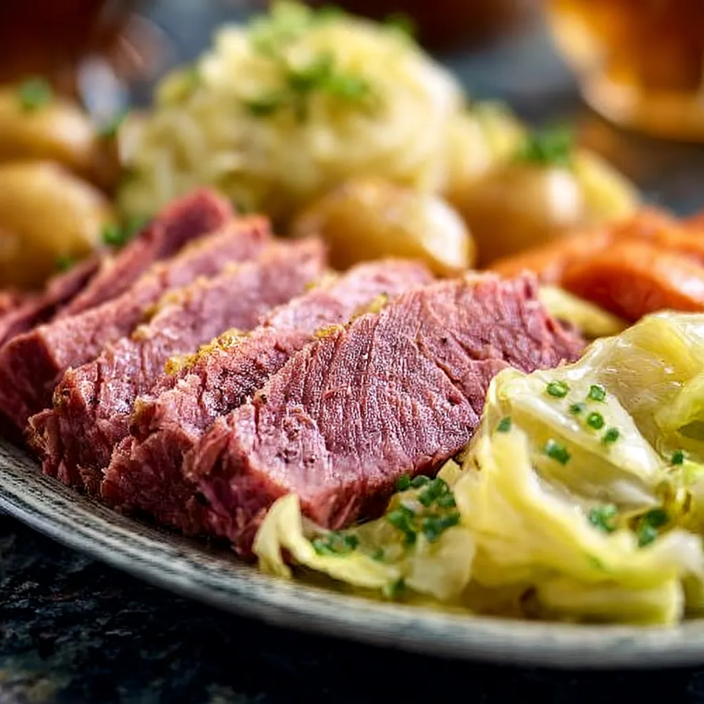 Slow Cooker Corned Beef and Cabbage with carrots and potatoes in broth.