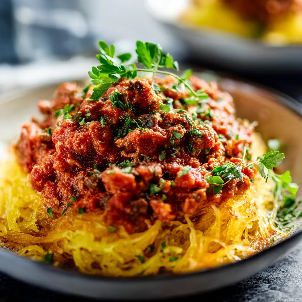 Spaghetti squash Bolognese bake with meat sauce and melted cheese.
