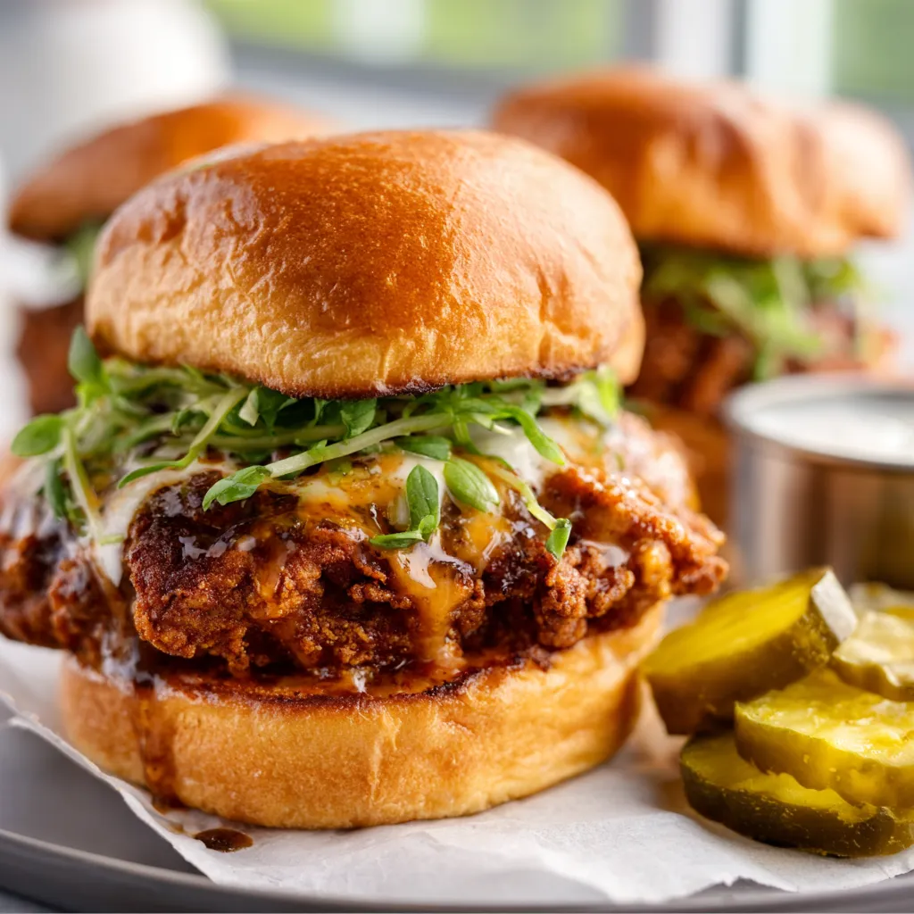 Spicy Air Fryer Nashville Hot Chicken Sandwich with pickles on a toasted bun.