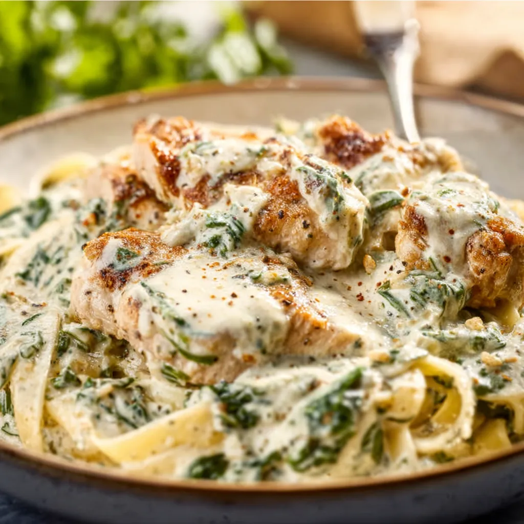 Creamy Spinach Artichoke Chicken Alfredo pasta in a white bowl.