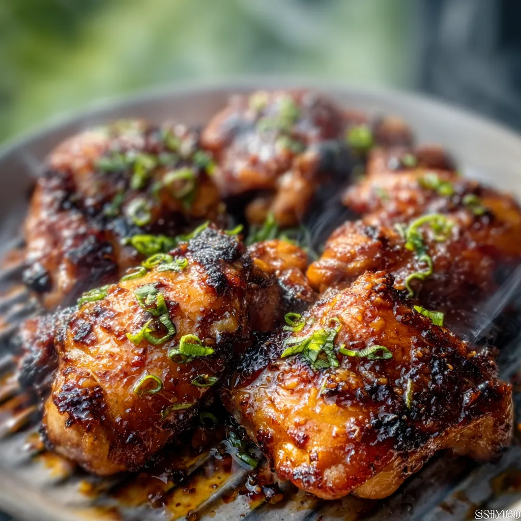 Sticky air fryer honey garlic chicken thighs glazed and garnished with sesame seeds.