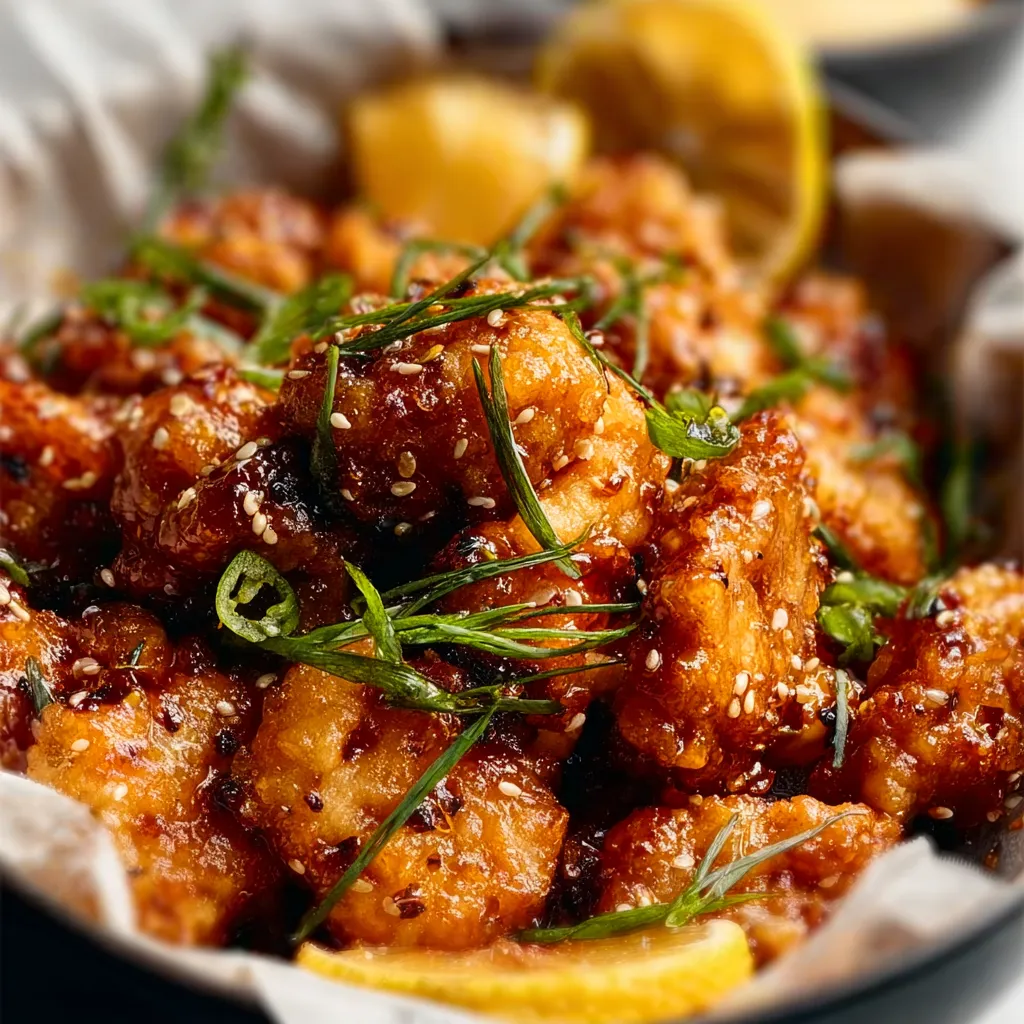 Sticky Air Fryer Orange Chicken pieces glazed in a glossy citrus sauce, garnished with sesame seeds and green onion.
