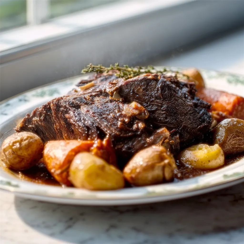 A tender Sunday Pot Roast with carrots and potatoes in a rich gravy.