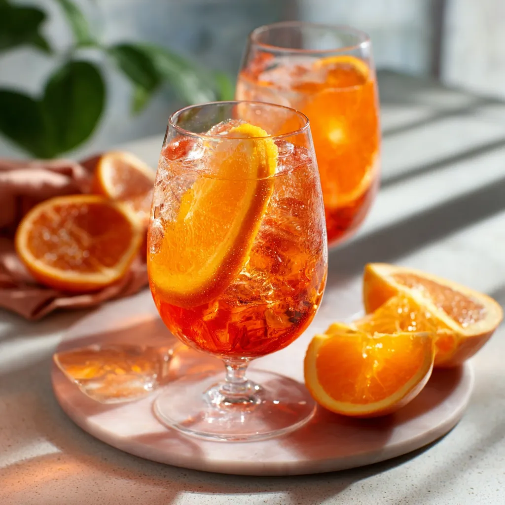 Aperol Spritz cocktail with orange slice in a wine glass on a sunny terrace.
