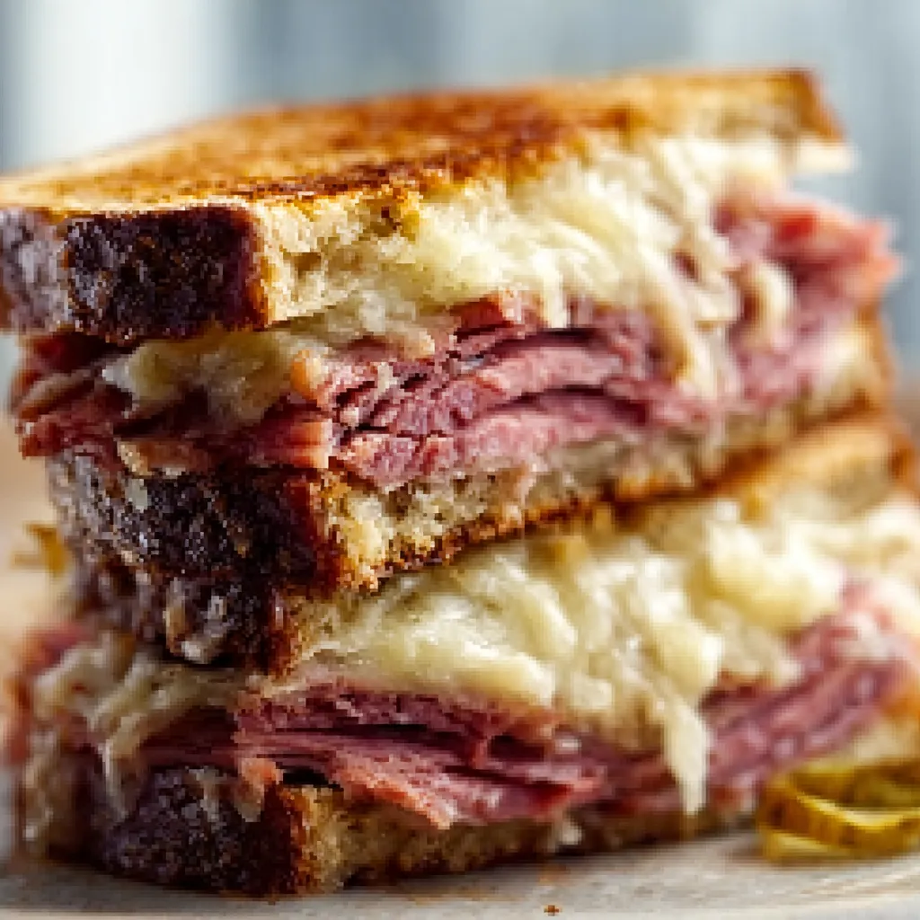 Grilled Reuben Sandwich with melted Swiss cheese and sauerkraut on rye bread.
