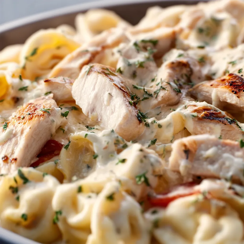 Creamy Tortellini Chicken Alfredo with parsley garnish in a white bowl.