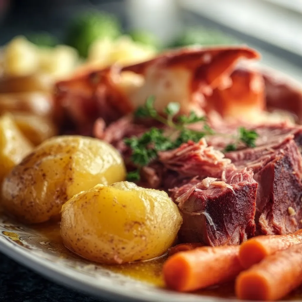 Traditional New England Boiled Dinner with corned beef, cabbage, carrots, and potatoes.