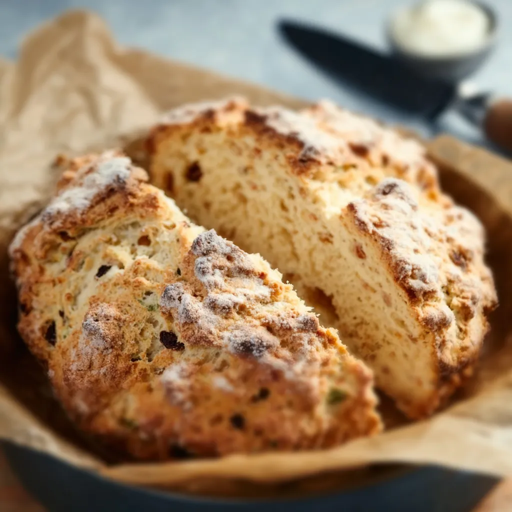 Freshly baked Traditional Soda Bread with a cross on top, resting on a wooden board.
