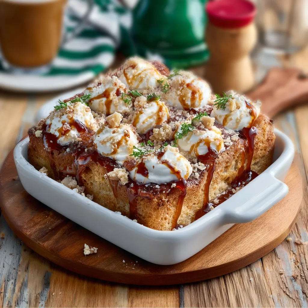 A slice of Tres Leches Capirotada with moist bread, raisins, and cinnamon.