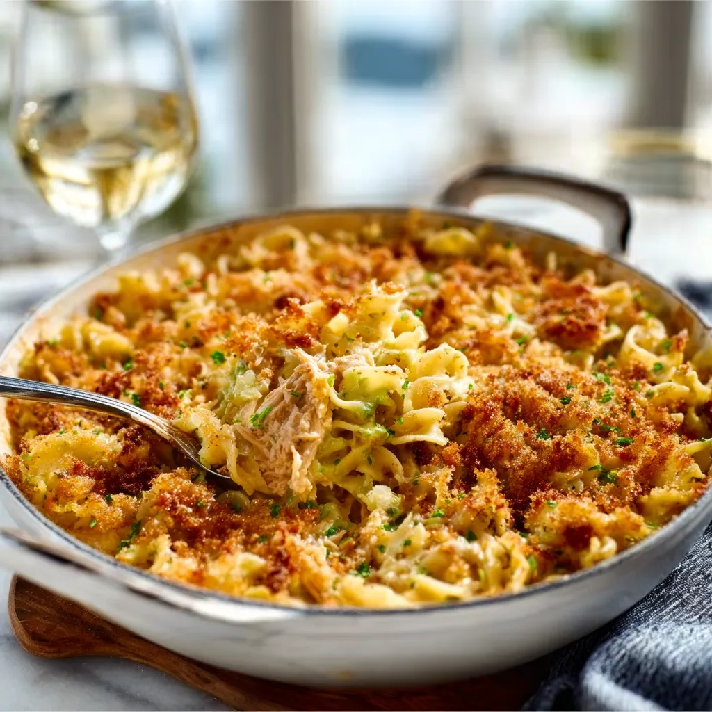 Creamy Tuna Noodle Casserole with golden breadcrumb topping in a baking dish.