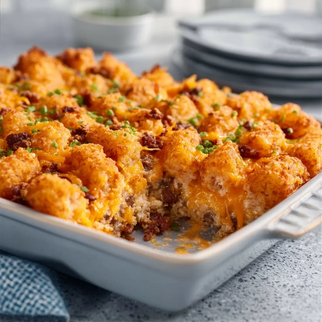 Crispy Tater Tot Casserole with melted cheese and ground beef