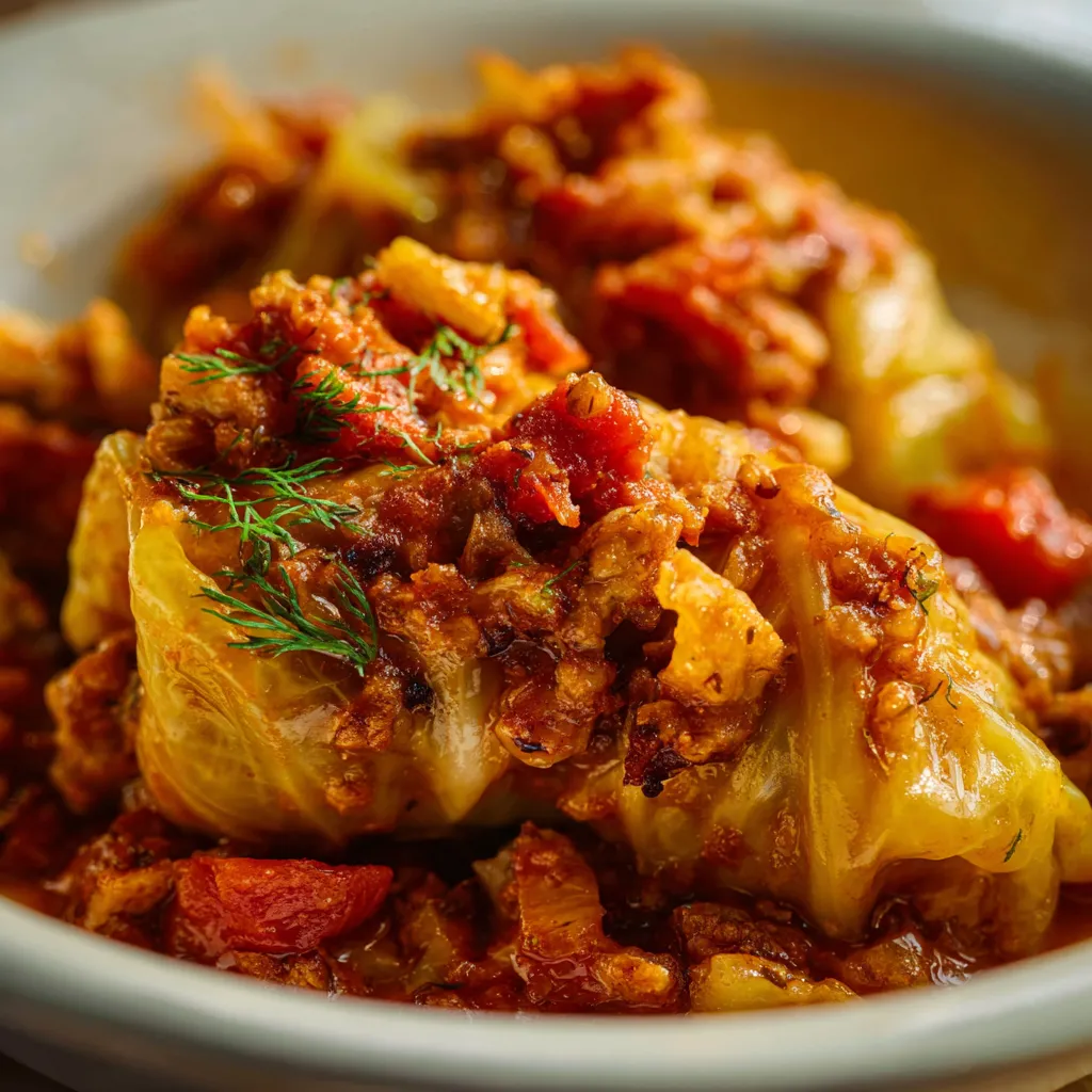 Unstuffed cabbage rolls casserole with ground beef, rice, and tomato sauce in a baking dish.