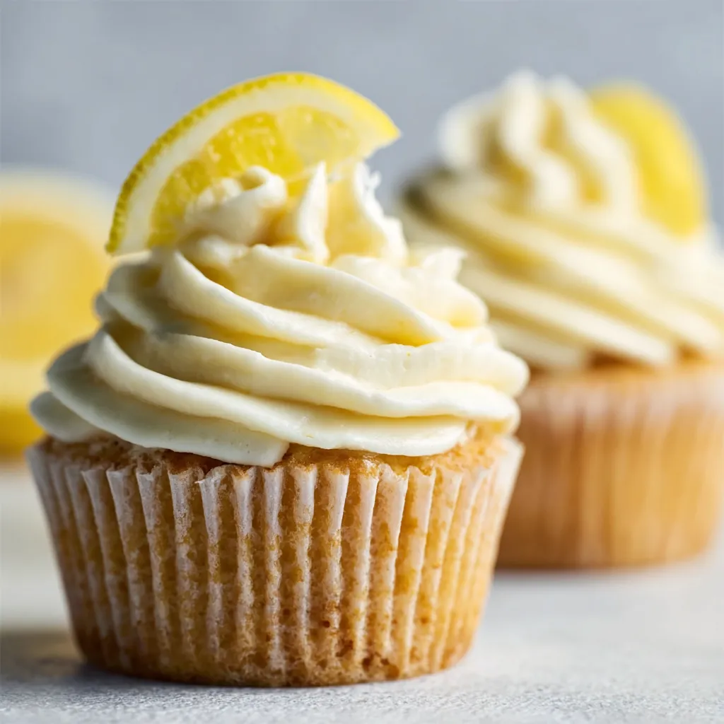 Freshly baked Lemon Cupcakes with Buttercream frosting and a lemon slice garnish.