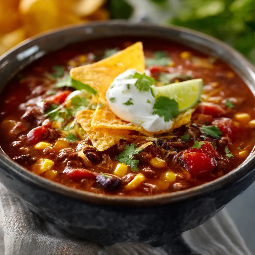 A hearty bowl of taco soup with ground beef, beans, corn, and toppings