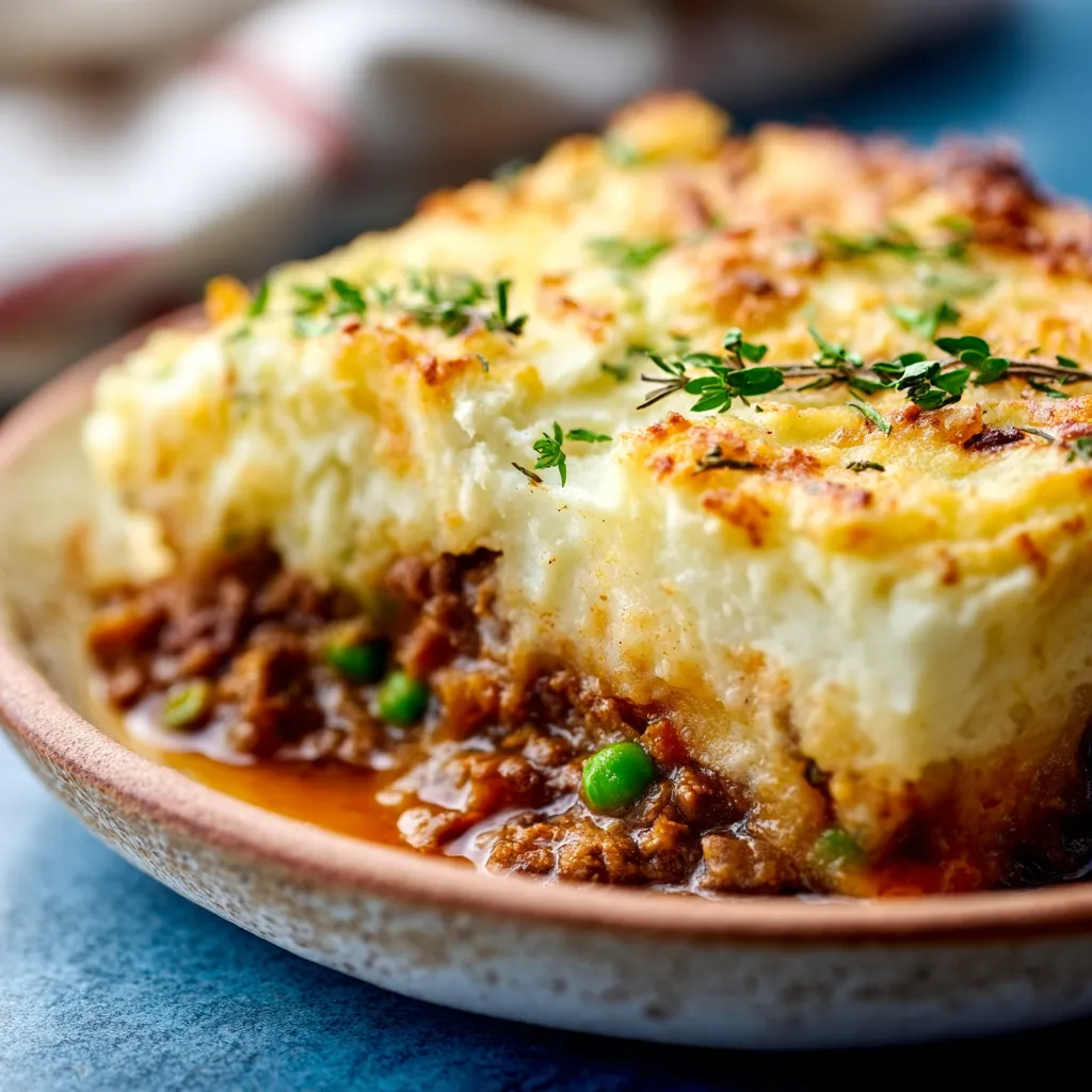 Classic Shepherd's Pie with savory minced lamb and vegetables topped with golden mashed potatoes.