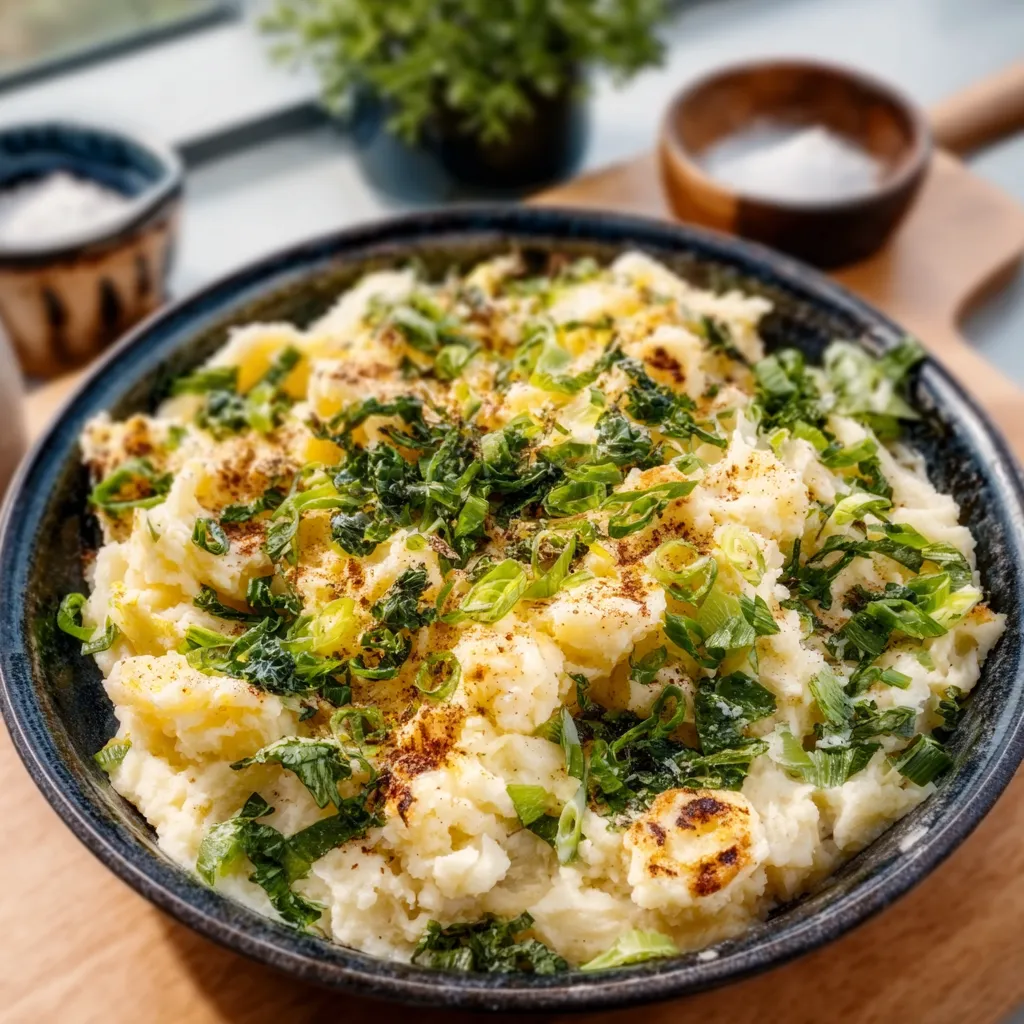 Creamy Colcannon Potatoes with kale and green onions in a white bowl.