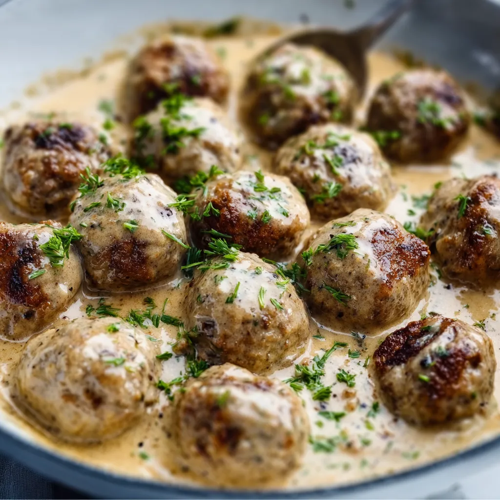 Creamy Swedish meatballs with rich gravy and lingonberry sauce on a plate.